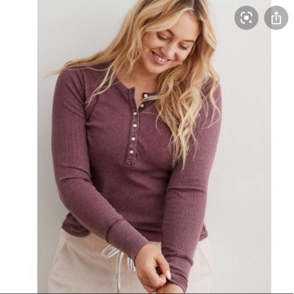 aerie Tops - Aerie Real Soft ribbed purple half button long sleeve shirt, Small